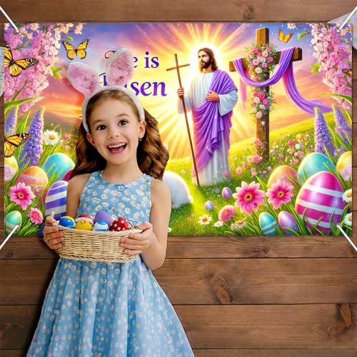 BlissYard Happy Easter Banner 71x43 Inch He is Risen Easter Backdrop Spring Christian Cross Lily Jesus Photography Background Religious Party Decorations Photo Banner Booth Studio Props - color: He is Risen Banner#1