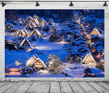 10x8ft Fabric Christmas Backdrop Winter Rustic Village Night View Scenery Photography Background Kids Adults Christmas New Year Party Decoration Photo Studio Props - size: 10x8FT
