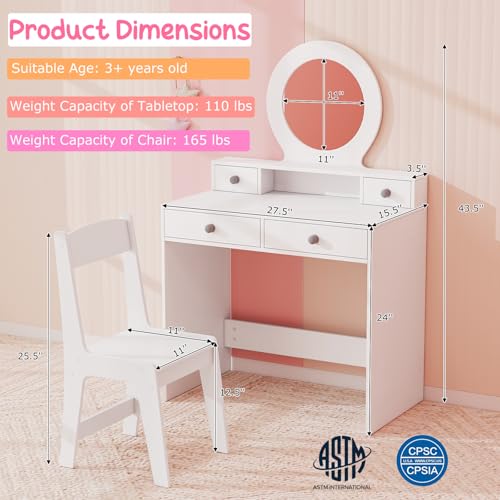 Costzon Kids Vanity, Princess Makeup Dressing Desk with Mirror and Stool, 4 Storage Drawers, Pretend Play Vanity Table and Chair Set for Little Girls (White) - style: White with Round Mirror