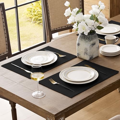 Romanstile Cloth Placemats Set of 4-12 x 18 Inch, Heat Resistant Double Layered Thickened Burlap Place Mats, Washable Faux Linen Farmhouse Table Mats for Kitchen/Dining/Party/Outdoor, Black - color: Black, size: Placemats 12" X 18", Set of 4