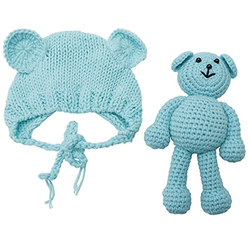 ECYC Newborn Baby Bear Hat Beanie with Bear Dolls Photography Accessories,Blue - color: Blue