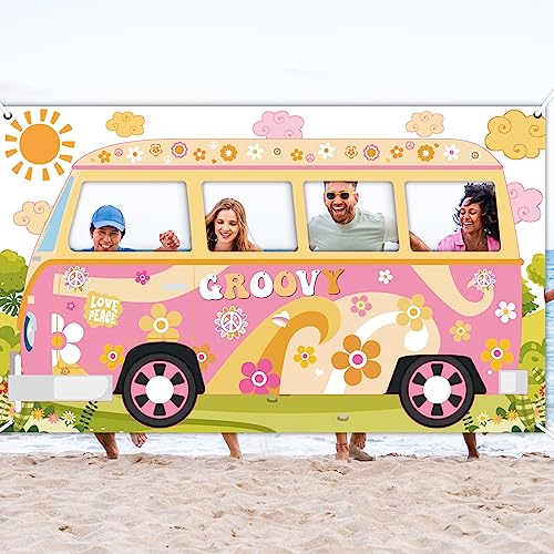 Hippie Bus Photo Prop Groovy Birthday Party Decorations Large Fabric Groovy Van Prop Hippie Selfie Frame Backdrop Background Banner Birthday Supplies Retro Daisy 60s 70s Party Favors 65.8 x 35.4 Inch - style: Hippie
