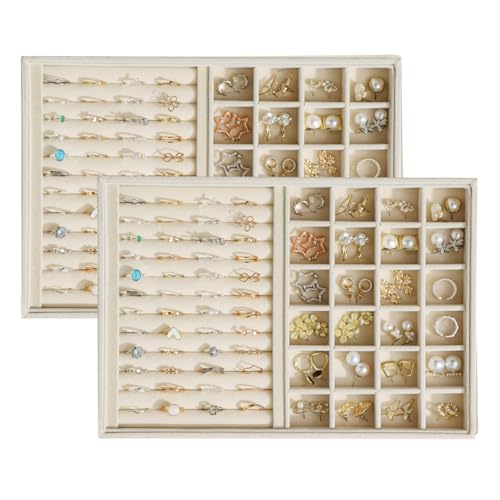 Large Velvet Jewelry Tray 2 Pack Stackable Jewelry Display Drawer Inserts Trays Organizer for Earring Bracelet Necklace Ring (Beige, Ring and 24 Grids) - color: Beige, size: Ring and 24 Grids