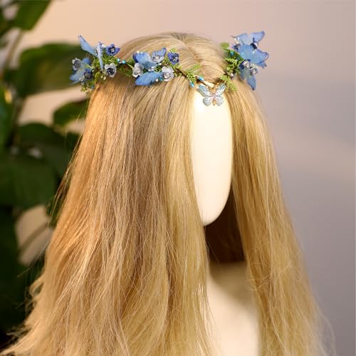 MOSTORY Handmade Fairy Butterfly Crown - Elf Flower Hadpiece Elven Headband for Women s Spring Wedding Maternity Shoot - color: Blue