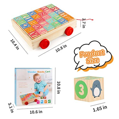 Wooden Building Blocks for Toddlers 1-3, Large Wood Baby Stacking Blocks Set for Kids, 30 PCS Alphabet Blocks with Toy Wagon, Educational Wooden Toys for Boys Girls Gifts 1.65" - style: 30 abc blocks cart