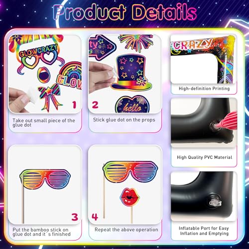Glow Neon Inflatable Photo Frame & Props, 30Pcs Neon Photo Booth Props with Let's Glow Crazy Inflatable Selfie Picture Frame for Neons Disco Black Light Party Supplies - color: Let's Glow
