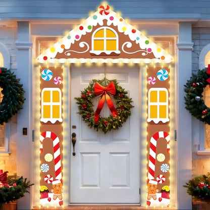 Christmas Gingerbread Party Porch Banner Classroom Christmas Party Door Decor Gingerbread Man House Door Cover with LED Light Xmas Porch Signs Winter Hanging Backdrop for Holiday Photo Prop Supplies