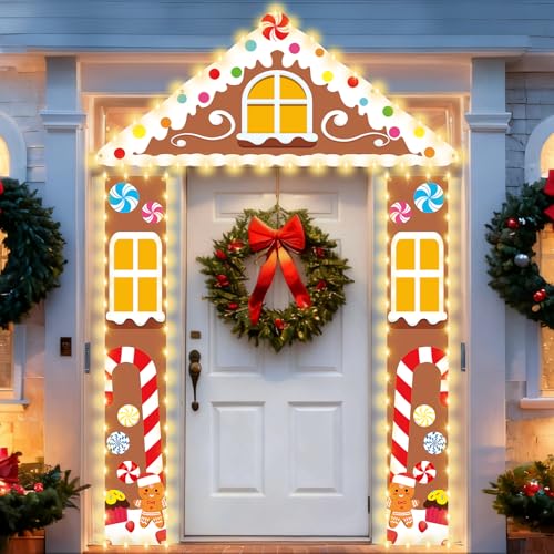Christmas Gingerbread Party Porch Banner Classroom Christmas Party Door Decor Gingerbread Man House Door Cover with LED Light Xmas Porch Signs Winter Hanging Backdrop for Holiday Photo Prop Supplies