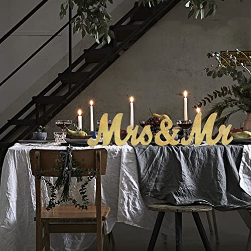 Mr & Mrs Signs Rustic Wooden Freestanding Letters - Anniversary & Wedding Decoration, Golden Flower Pads - color: Golden with flower pads