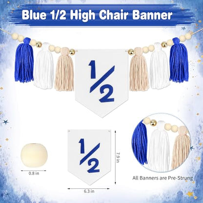 1/2 Birthday Blue Half Birthday Decorations - Blue Star It's My 1/2 Birth Banner, Glitter Cake Topper Tassel Wood Bead High Chair Banner & Crown, Hat Halfway to One Boy Girl Party Supplies - color: Star Blue