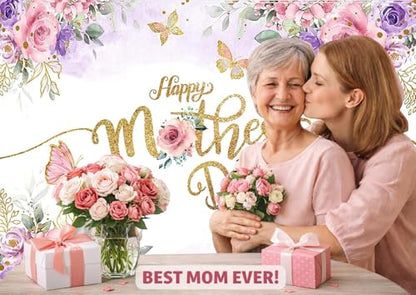 7x5ft Happy Mother's Day Backdrop – Floral Photography Background with Gold Dots, Mother's Day Photo Booth Banner for Women, Mom Birthday or Party Decor 068 - size: 7x5ft