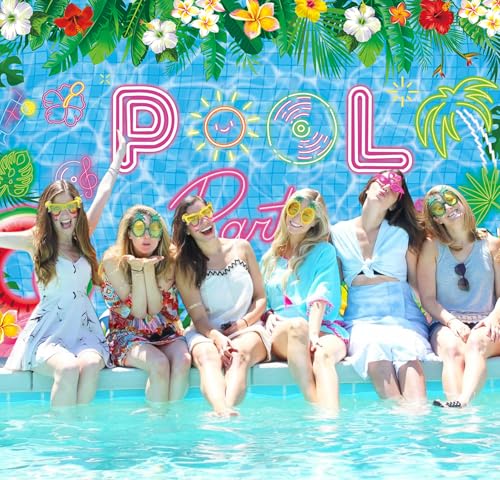 Pool Party Backdrop Summer Beach Ball Decorations Banner Tropical Palm Tree Flower Photography Background Birthday Swimming Party Decor Photo Booth Props (8x6FT（240x180cm）) - size: 8x6FT（240x180cm）