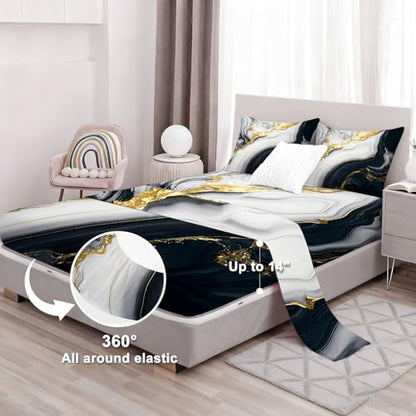 Black Gold Marble Sheets Sets Twin Size Elegant Marbling Fitted Sheet Set 3D Marble Bed Sheet for Kids Teens Adults Modern Bedspread 1 Fitted Sheet+1 Flat Sheet+1 Pillowcase - color: 3d Marble, size: Twin
