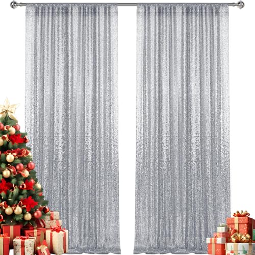 2×8FT-2PCS Silver Sequin Backdrop Curtains Panels, Photography Backdrop Glitter Fabric Background for Christmas Wedding Party Decor - color: Silver, size: 2X8FT-2PCS
