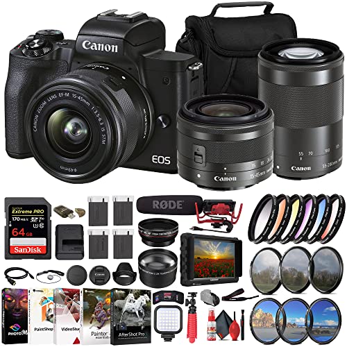 Canon EOS M50 Mark II Mirrorless Camera with 15-45mm and 55-200mm Lenses (Black) (4728C014) + 4K Monitor + Rode VideoMic + 64GB Memory Card + Color Filter Kit + Filter Kit + Charger + More