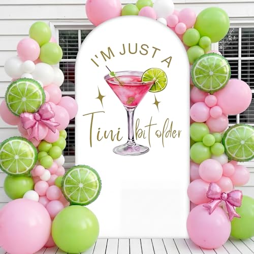 I'm Just a Tini Bit Older Arch Backdrop Cover 6.6ft Spandex Stretchy Covers Pink Bow for Espresso Martini Party Decorations Birthday Bachelorette Anniversary Classy Cocktail Party