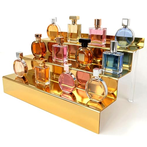 YMVV 12 IN Mirror Gold Acrylic 3 Tier Display Riser Perfume Organizer, Perfume Cologne Organizer Holder, Pops Toy Figures, Clear Cupcake Riser, Dessert Shelf - color: Mirror Gold+12IN+3 Tier