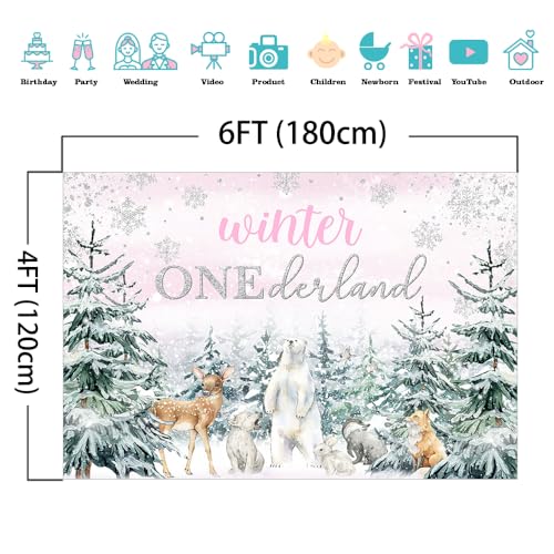 Mocsicka Winter Onederland Backdrop Pink Snowflake Girls First Birthday Photography Background Winter Woodland Animals Happy 1st Birthday Party Banner Decorations Photo Booth Props (6x4ft) - size: 6x4ft