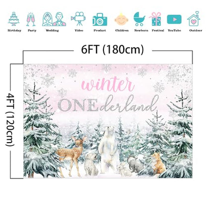 Mocsicka Winter Onederland Backdrop Pink Snowflake Girls First Birthday Photography Background Winter Woodland Animals Happy 1st Birthday Party Banner Decorations Photo Booth Props (6x4ft) - size: 6x4ft