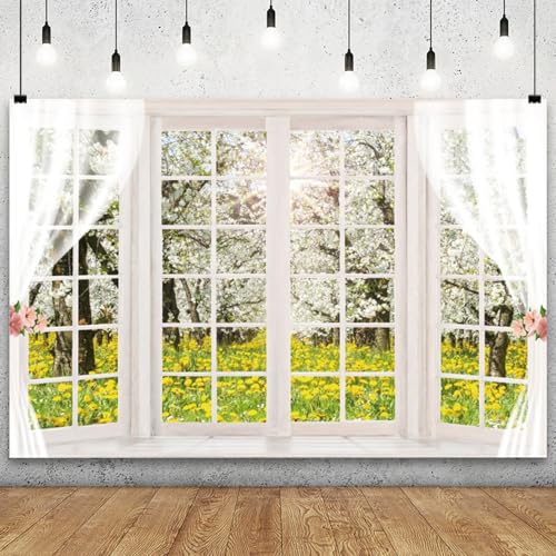 YongFoto 9x6ft Spring Window Scenery Backdrop Yellow Wild Flowers Garden Spring Blossom Lush Trees Nature Landscape Photo Background Girl Woman Birthday Party Kids Adults Portrait Photo Studio Prop - color: White 1, size: 9x6ft