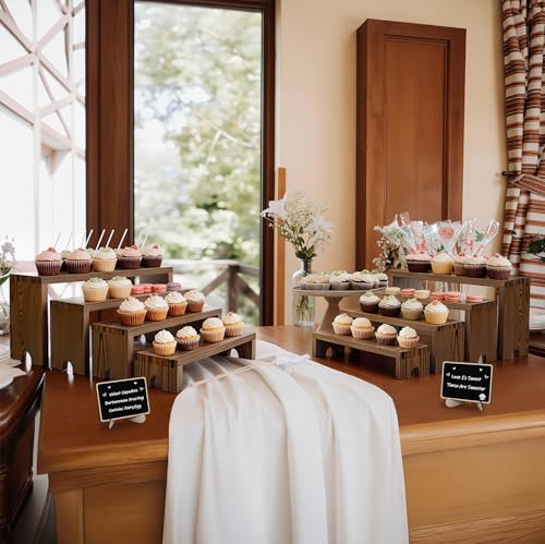 HBlife 2 Set Widened Wood Display Risers for Vendor Events, Stackable Modular Cupcake Stand Buffet Risers, Dessert Table Display Set, Tiered Display Shelves for Perfume/Figures/Collectibles, Charcoal