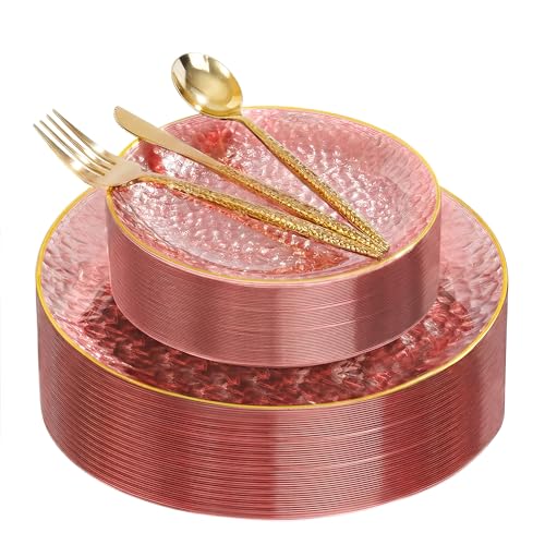 I00000 150Pcs Clear Pink Plastic Plates with Gold Rim,Pink Disposable Plates,Clear Hammer Patterned Disposable plates Set include 30 Dinner Plate,30 Dessert Plate,90 Plastic Silverware Set for Party - color: Clear Pink