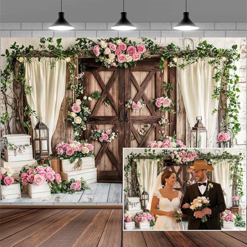 5X3FT Western Country Wedding Photography Backdrop Rustic Floral Wooden Barn Door Background White Curtains Anniversary Party Decorations Shabby Chic Bridal Banner Valentine's Photo Booth Props - color: White, size: 5X3FT