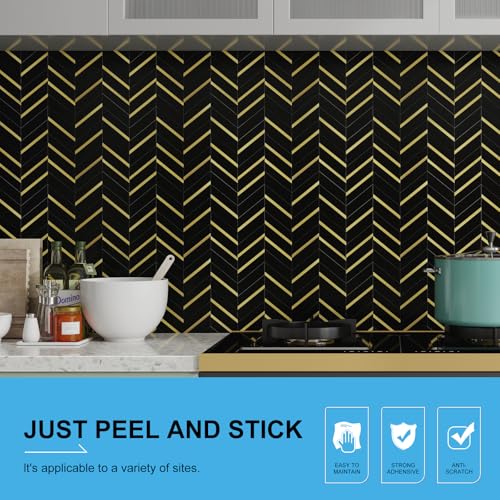 Peel and Stick Backsplash Tile, Black Marble Herringbone with Gold Metal Look, 10 Sheets Self Adhesive PVC Wall Tile, Waterproof & Heat Resistant for Kitchen, Bathroom, RV, Fireplace - color: Black Mixed Gold Metal