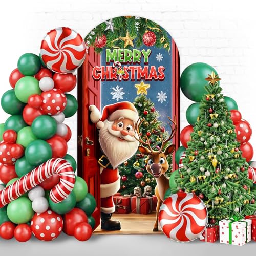 Merry Christmas Arch Backdrop Stand Cover 7.2ft Red Arch Wall Backdrop Christmas Day Round Top Cover Spandex Fabric 2-Sided for Winter Party Xmas Family Holiday Photo - color: Christmas1, size: 7.2FT