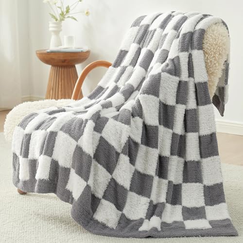 Snuggle Sac Faux Fur Checkered Blanket Twin Size with Soft Knitted Microfiber Fabric,Cozy Soft Warm Blanket for Sofa Bedroom Living Room,Grey Checker,60x80 inches - color: Grey White, size: Twin(60"x80")