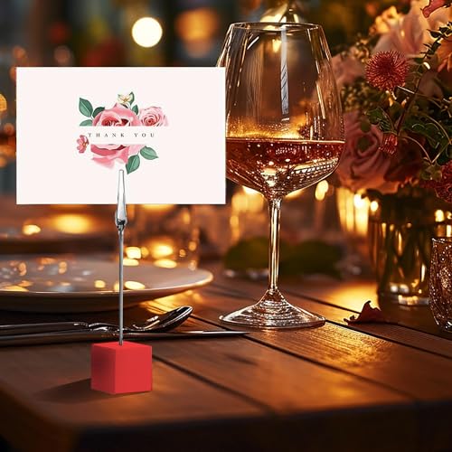 24PCS Wooden Cube Memo Holders with Alligator Clips Table Number Stands, Base Memo Clip Holder Photo and Card Display Clips for Wedding, Event, Office Desk Use (Red) - color: Red