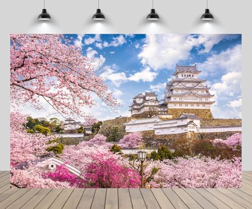 10x8ft Japan Spring Backdrop Himeji Castle Japanese Vintage Castle Blooming Pink Cherry Trees Blue Sky Background Asia Japan Travel Wedding Birthday Party Decor Portrait Photo Booth Props - size: 10x8FT
