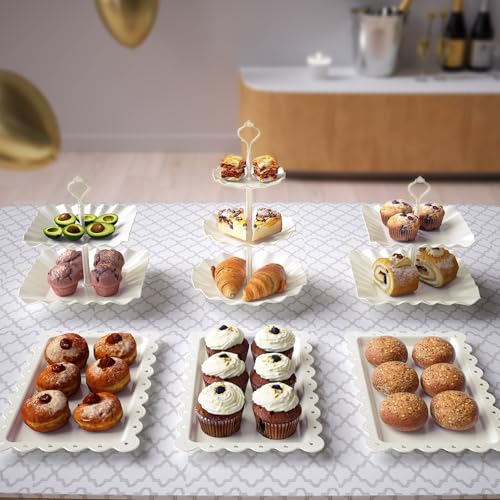 10 Pack Cake Stand Set with 3 x Two-Tier and 3 x Three-Tier Cupcake Stands, Plastic Dessert Table Stand Set 3 Tired Cookie Tray and 4 Pcs Dessert Trays - color: White