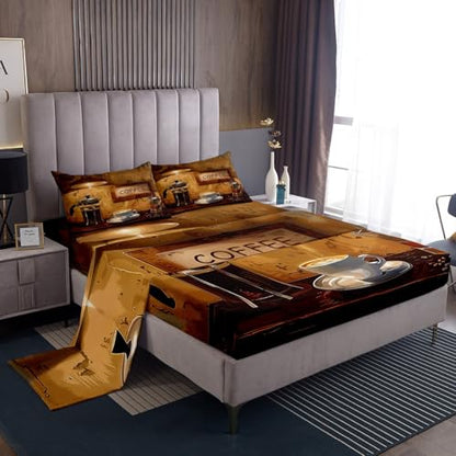 Feelyou Coffee Bed Sheets Set Twin Size Coffee Theme Bedding Set for Kids Boys Girls Coffee Drink Cup Sheets with Deep Pocket Fitted Sheet Enjoyable Bedding Set - color: Auburn, size: Twin