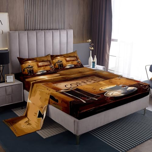 Feelyou Coffee Bed Sheets Set Queen Size Coffee Theme Bedding Set for Kids Boys Girls Coffee Drink Cup Sheets with Deep Pocket Fitted Sheet Enjoyable Bedding Set - color: Auburn, size: Queen
