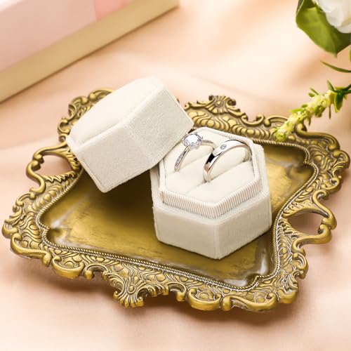 FoldTier 2 Pcs Wedding Vintage Trinket Tray with Velvet Jewelry Ring Box Gold Flat Lay Tray for Wedding Photographer Detail Props Ceremony Antique Decor