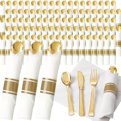 200Guests Pre Rolled Gold Plastic Silverware Sets - Heavy Duty Gold Cutlery - Include 200 Pack Wrapped Disposable Utensils with Napkins for Parties & Dinners & Weddings - color: 200Pack - Gold