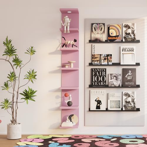 LitaEther Versatile 7 Tier Wall Shelf Unit,Pink Lack Wall Shelf,Display Floating Shelf with LED Remote Control Light - color: Pink, size: 7 Tier