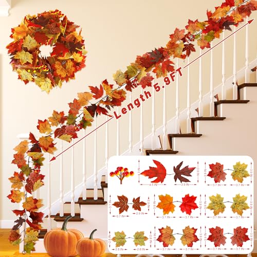 11.8FT Fall Decoration for Home, 2 Pack Artificial Fall Garland, Realistic Fall Leaves Garland, Thanksgiving Garlands Indoor, Colorful Leaves Autumn Garlands for Fall Harvest Thanksgiving Decorations - color: Orange With Berry, size: 2 Pcs
