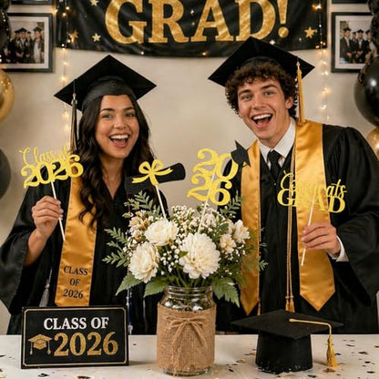 Babycop Graduation Decorations 2026 – 20PCS Graduation Centerpieces for Tables in 5 Black & Gold Designs, Class of 2026 Table Decorations for Grad Party, Photo Props/Flower Arrangement