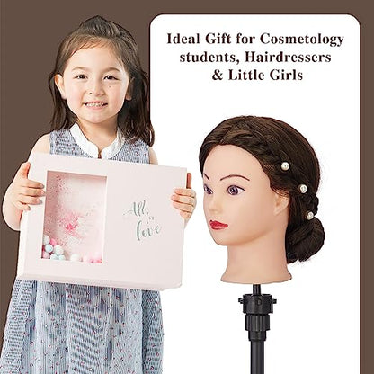 28" Mannequin Head with 80% Real Hair,Cosmetology Manikin Practice Doll Head,Braiding Head with Tripod Stand with Table Clamp + DIY Hair Styling Set #4 - color: Drak Brown#4