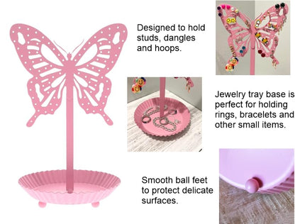 Top Brass Butterfly Earring Holder Organizer Metal Standing Jewelry Tree Display with Ring Tray (Pink) - color: Pink