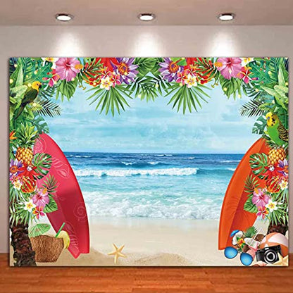 HQM Summer Tropical Beach Theme Photo Background 5X3FT Fabric Beach Conch Hawaii Blue Sea Flower Children Birthday Luau Party Photography Backdrop Kids Baby Shower Cake Table Decor Studio Shoot Props - size: 5x3 FT