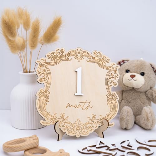 Vintage Wooden Baby Monthly Milestone Set, Elegant Engraved Frame with 3D Numbers and Month Months Signs, Newborn Photo Prop for Baby Monthly Pictures
