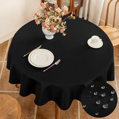 Seenus Textured 60 Inch Black Fabric Table Cloth Fits 30'' to 48'' Round Table, Faux Linen Water Resistant & Wipeable Circle Tablecloth, Washable for Dinning Kitchen Patio - color: Black, size: 60" (Round)