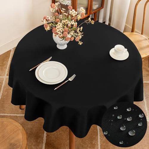 Seenus Textured 60 Inch Black Fabric Table Cloth Fits 30'' to 48'' Round Table, Faux Linen Water Resistant & Wipeable Circle Tablecloth, Washable for Dinning Kitchen Patio - color: Black, size: 60" (Round)