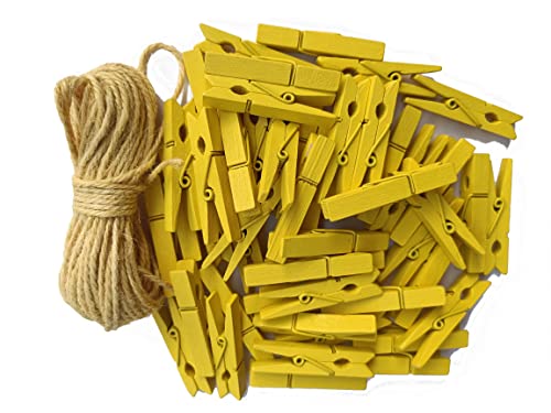 1.9" Yellow Wood Clothes Pins Easter Party Art Display Hanging Kit Place Card Holder Clothespin with Jute Rope Pack 50 - color: 50pcs (2 Inch) Yellow + Jute Twine