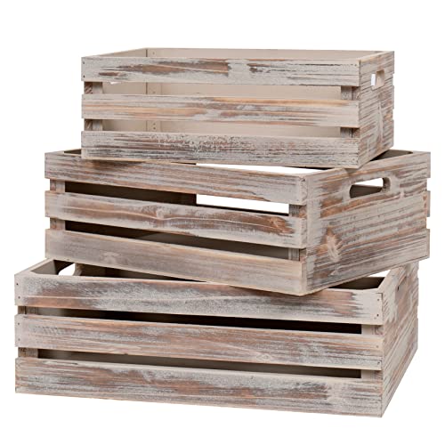 Large Size Wood Crates for Storage, Decorative Vintage Walnut Wooden Boxes for Display, Handmade Solid Wood Set of 3 Rustic Crates (Walnut) - color: walnut