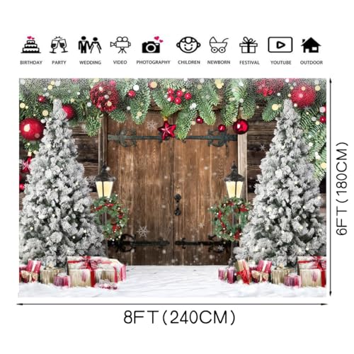 Winter Christmas Rustic Barn Wood Door Photography Backdrop Xmas Tree Snow Background Banner for Family Holiday Party Decoration Supplies Photo Studio Props Pictures 8X6FT 114 - size: 8x6ft