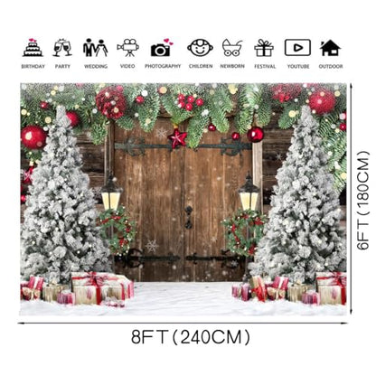 Winter Christmas Rustic Barn Wood Door Photography Backdrop Xmas Tree Snow Background Banner for Family Holiday Party Decoration Supplies Photo Studio Props Pictures 8X6FT 114 - size: 8x6ft
